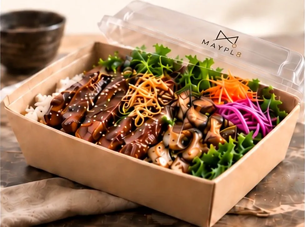 Okazu rice box with beef, greens and mushrooms
