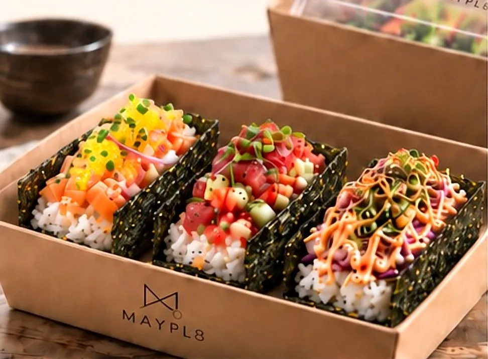 Three sushi tacos in a MAYPL8 box